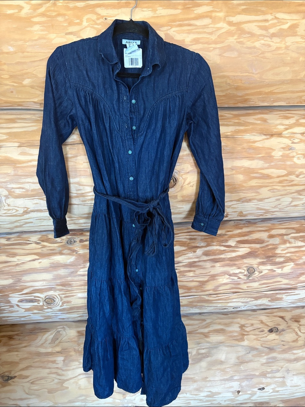 Ariat Dark Navy Button-Front Long Sleeve Midi Dress with Tie Waist